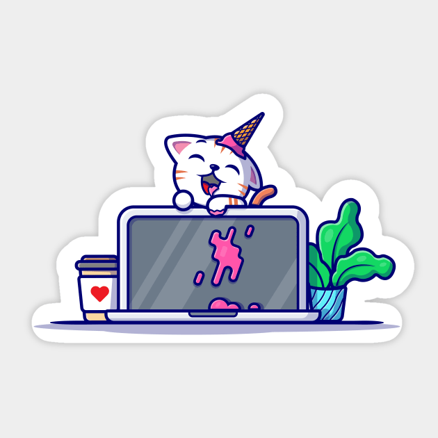 Cat With Laptop Cartoon Vector Icon Illustration Sticker by Catalyst Labs